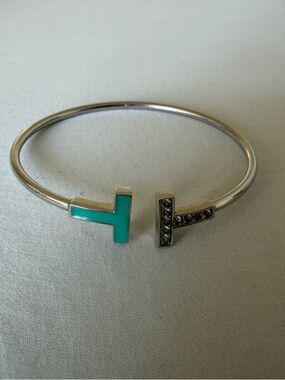 T inspired Silver Open Cuff Bracelet with Turquoise Enamel and clear stones